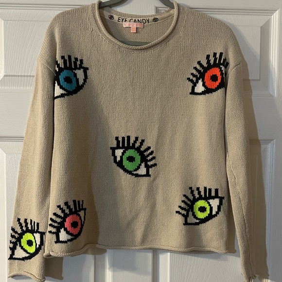 eye candy Sweaters - Eye Candy by Lisa Todd Beige Knit with Vibrant Eye Motif